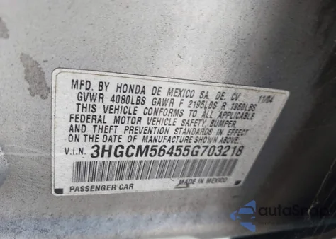 2005 Honda Accord 2.4 Lx from USA, damaged, VIN 3HGCM56455G703218